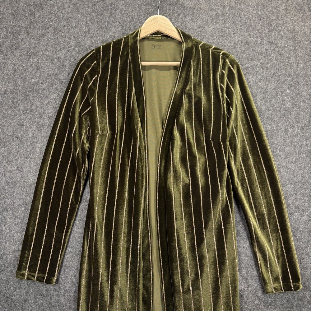 Vintage 1970s Duster Cardigan Longline Crushed Velvet Robe Jacket Green Metallic